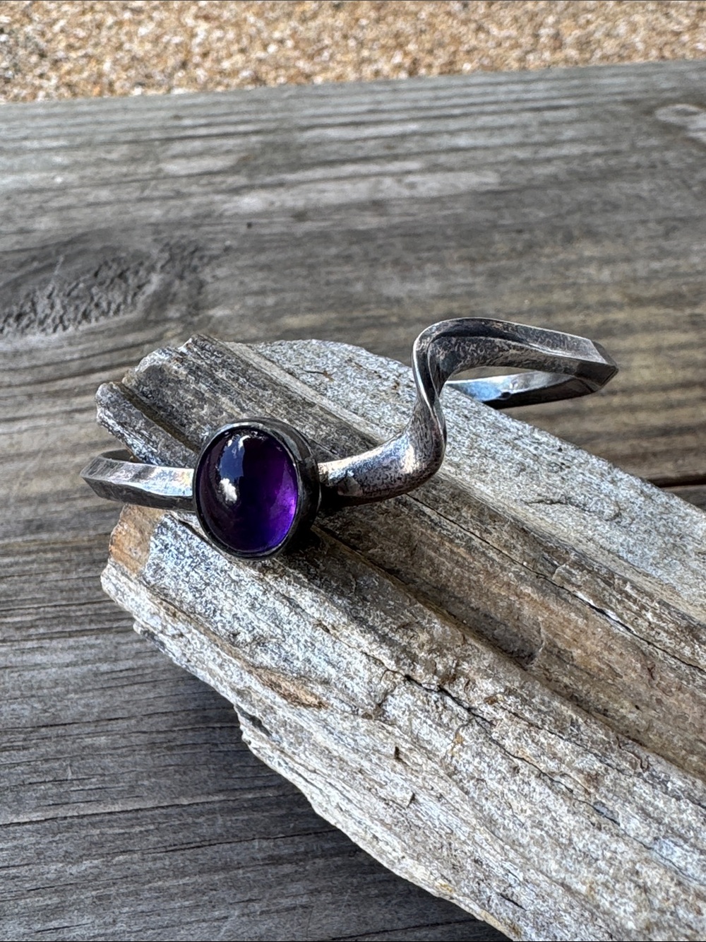 Artisan Sterling Silver Cuff Bracelet with Amethyst